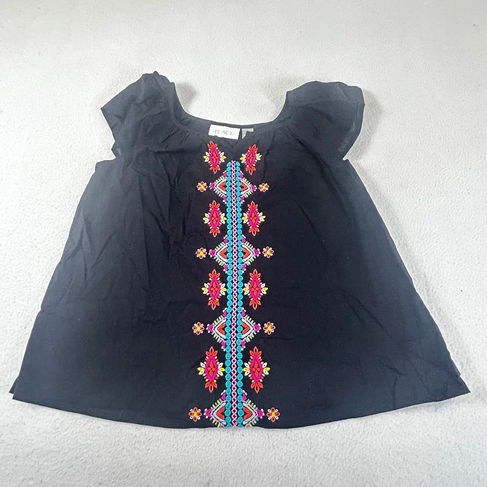 The Childrens Place Embroidered Top Girls M 7/8 Black Boho Summer Blouse